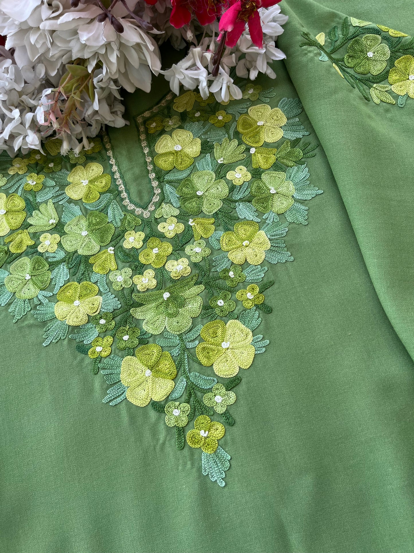 Pastel Green Aari Embroidered Cotton Suit Set