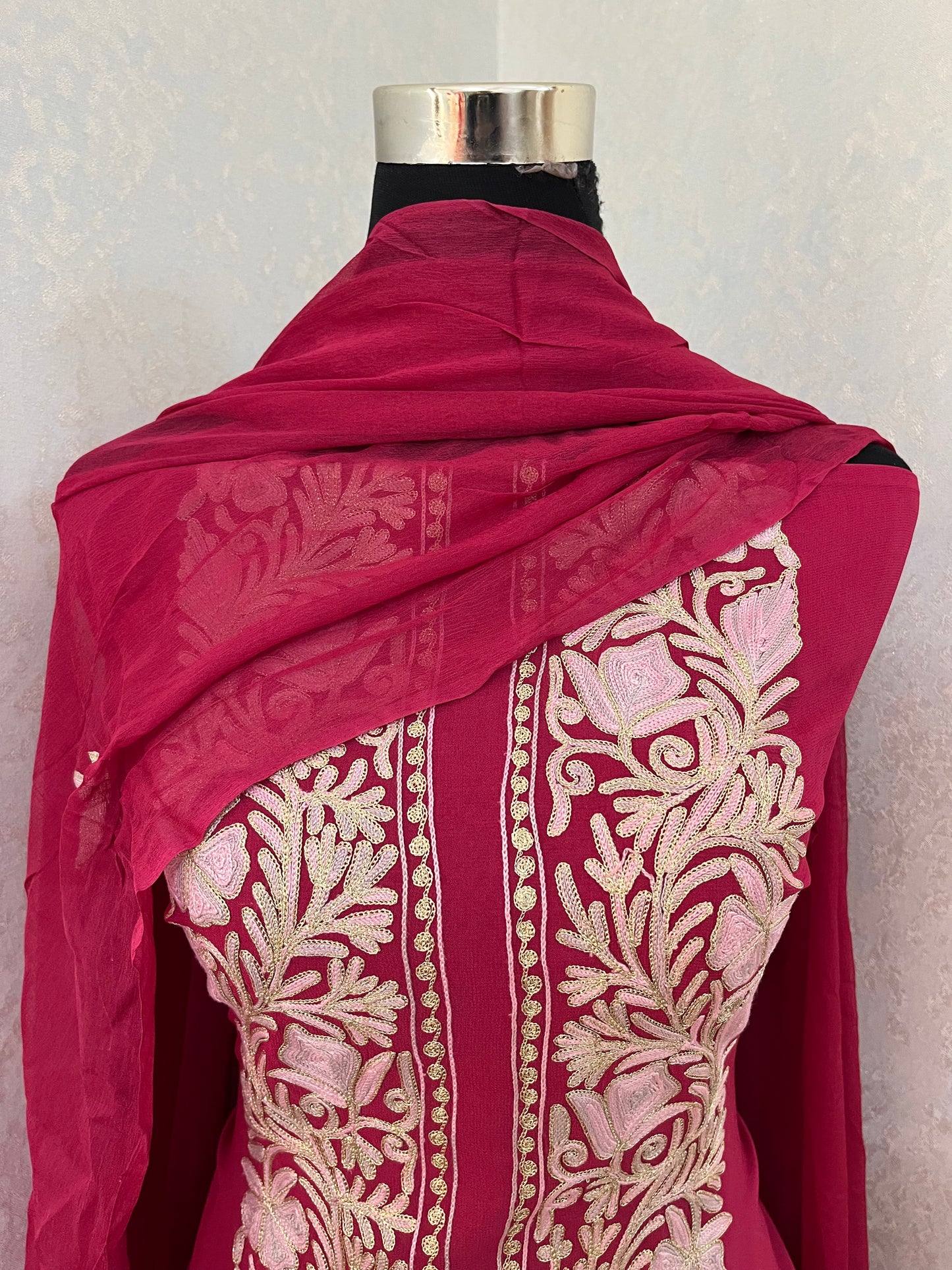 Hot Pink Pure Georgette Achkan Kashmiri Suit
