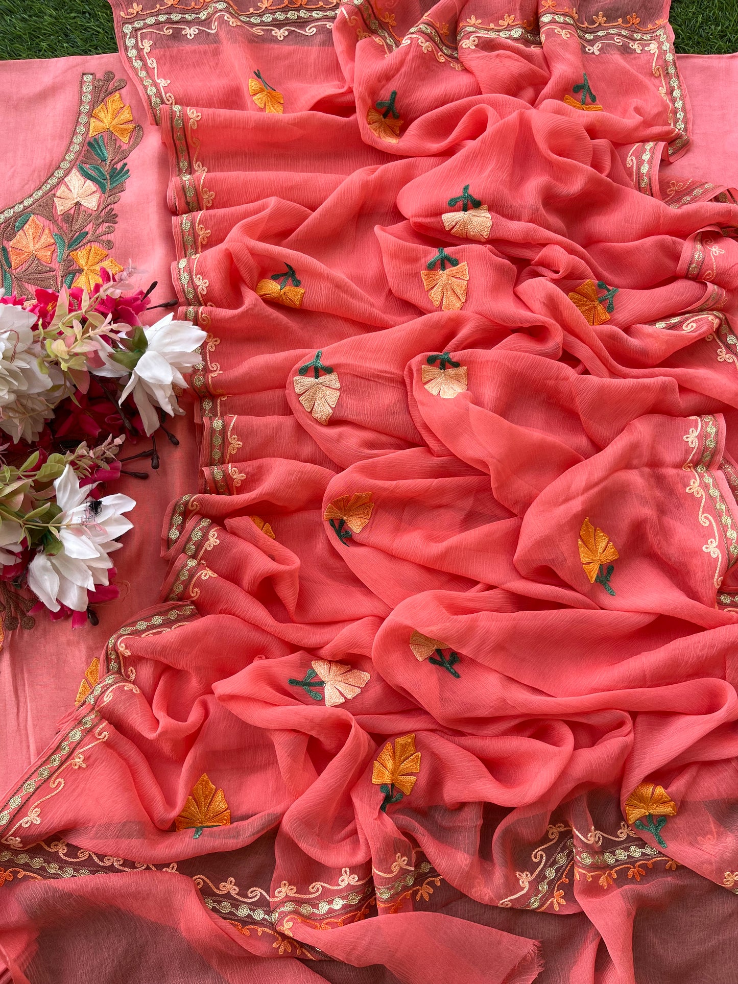 Peach Opada Silk Kashmiri Suit