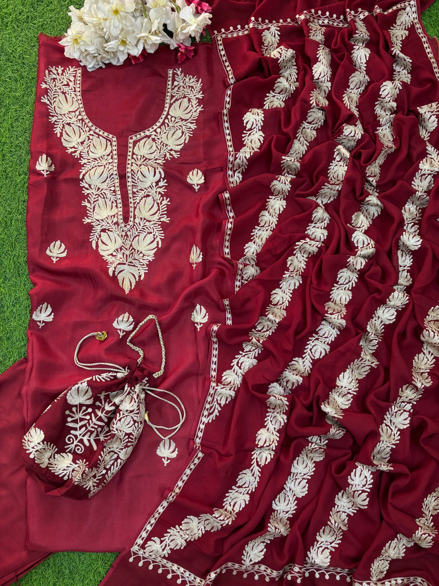 Sanam Silk Kashmiri Suit with Potli