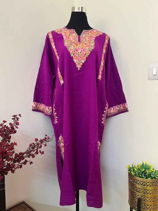 Wine Aari Embroidered Wool Pheran