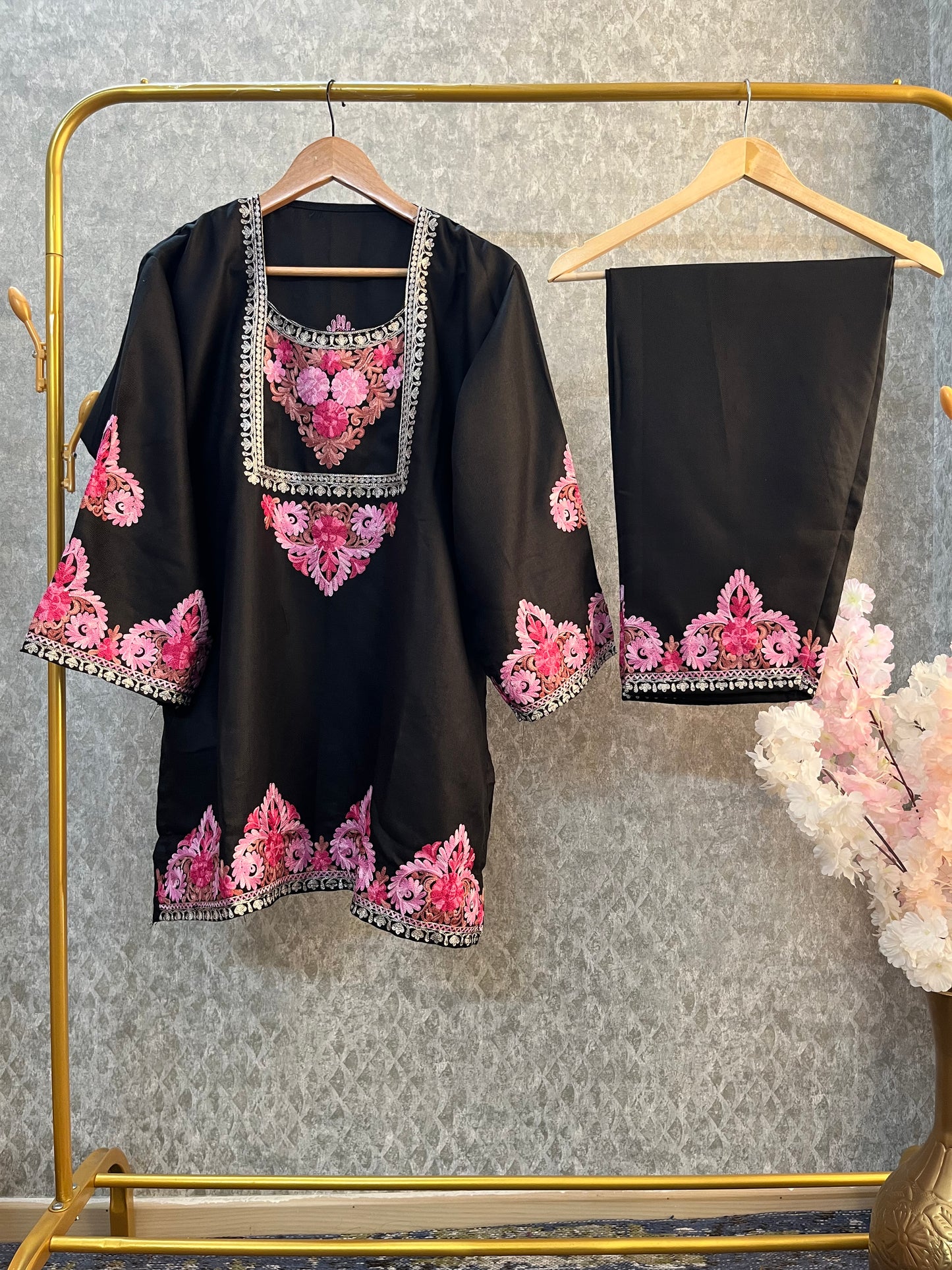 Black  Woollen Kashmiri Co-Ord Set ( Size 44)