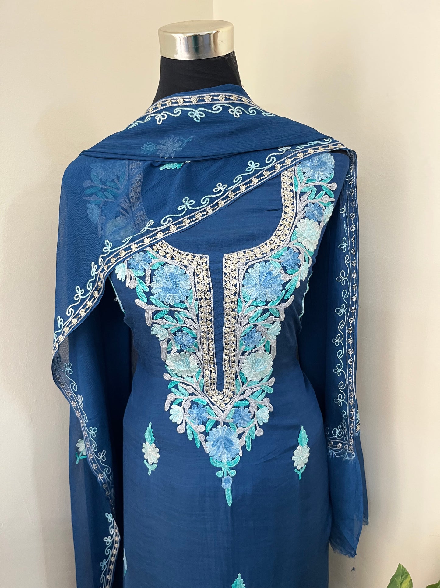Blue  Muslin Cotton Jaal Sleeves Kashmiri 3pc Suit