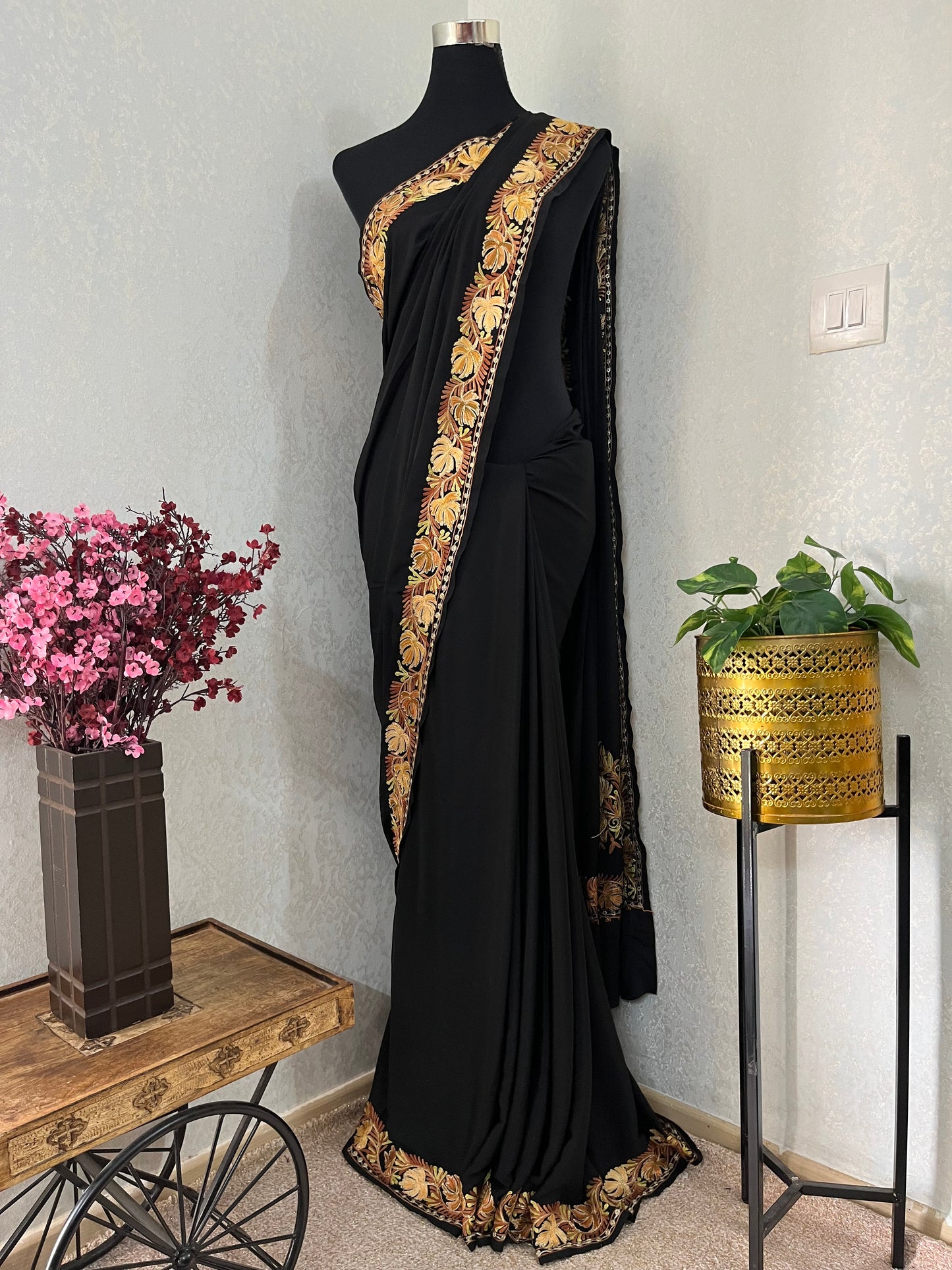 Black Crape Kashmiri Saree with Tilla Outline