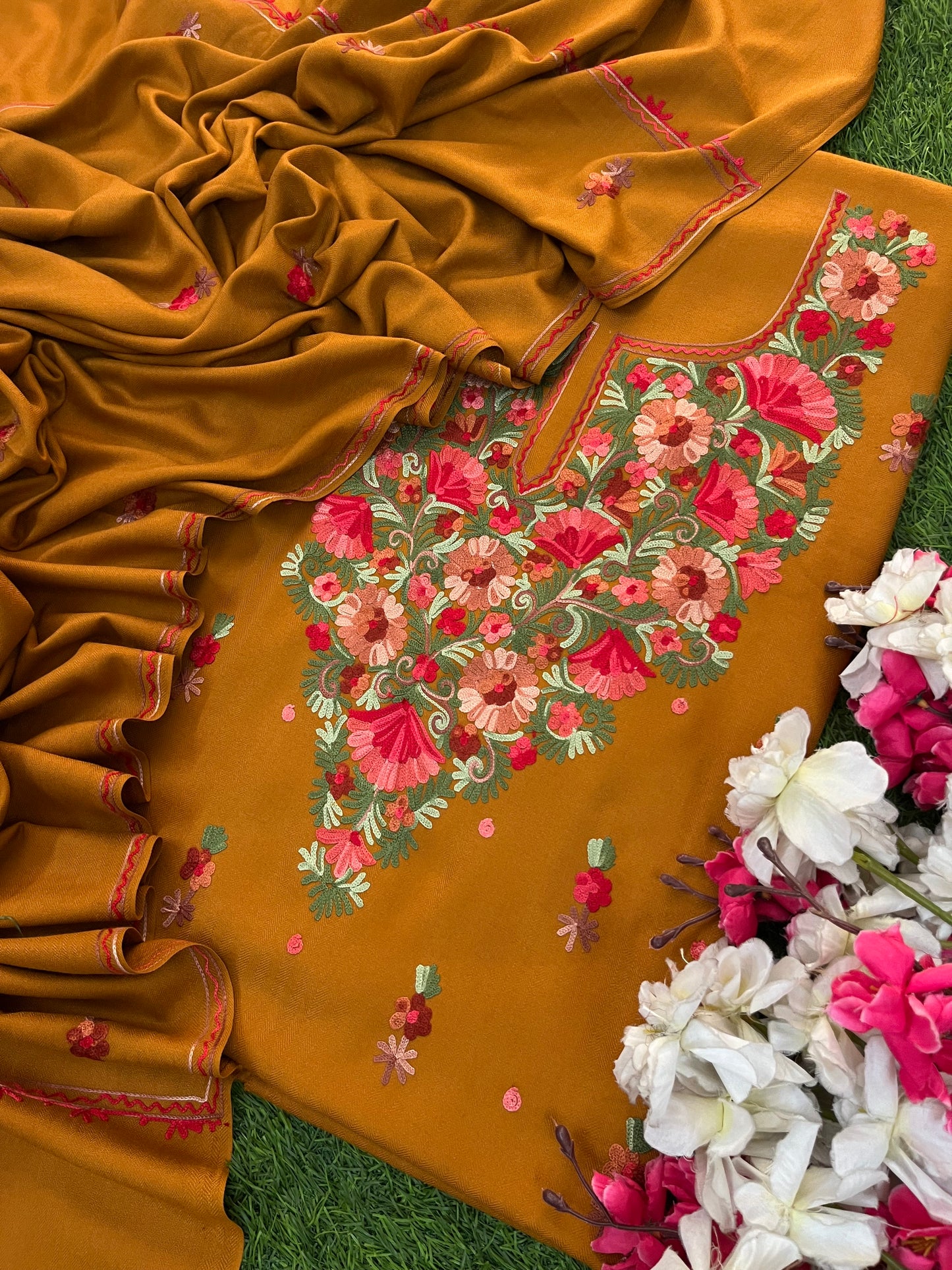 Golden Brown Woollen Aari Embroidered 3pc suit