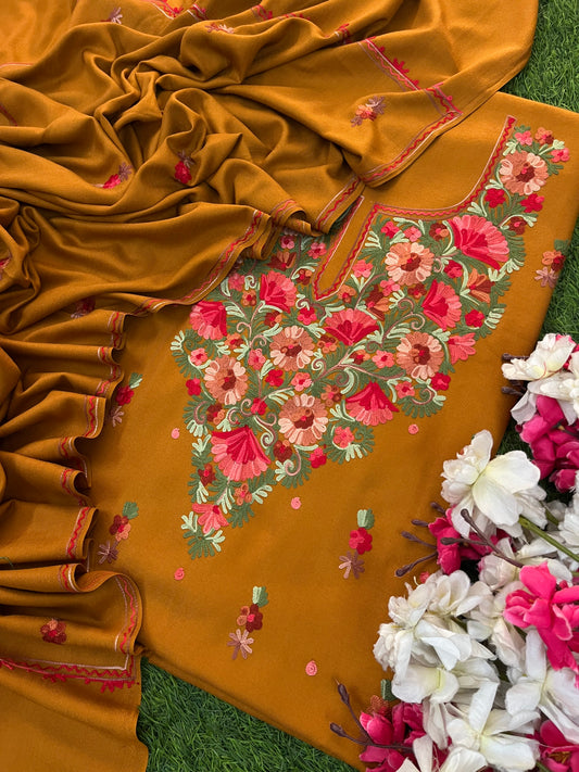 Golden Brown Woollen Aari Embroidered 3pc suit