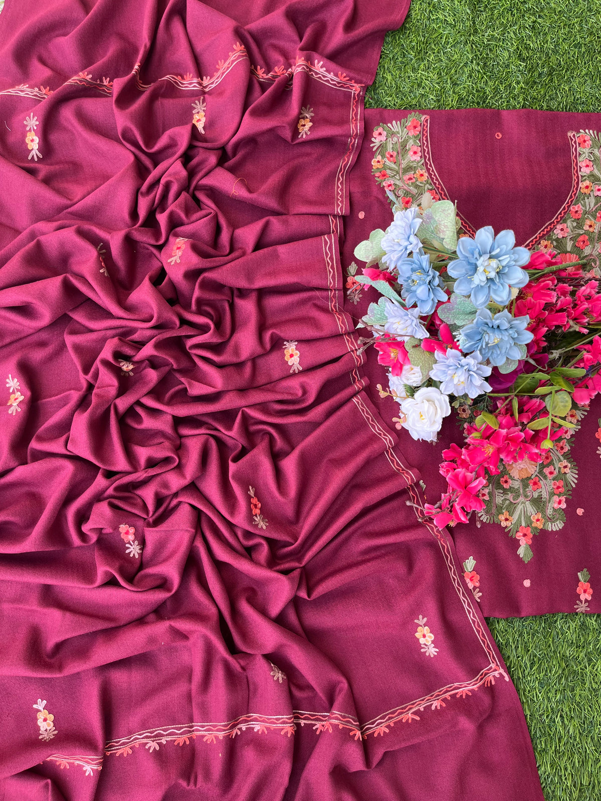 Maroon Woollen Aari Embroidered 3pc suit