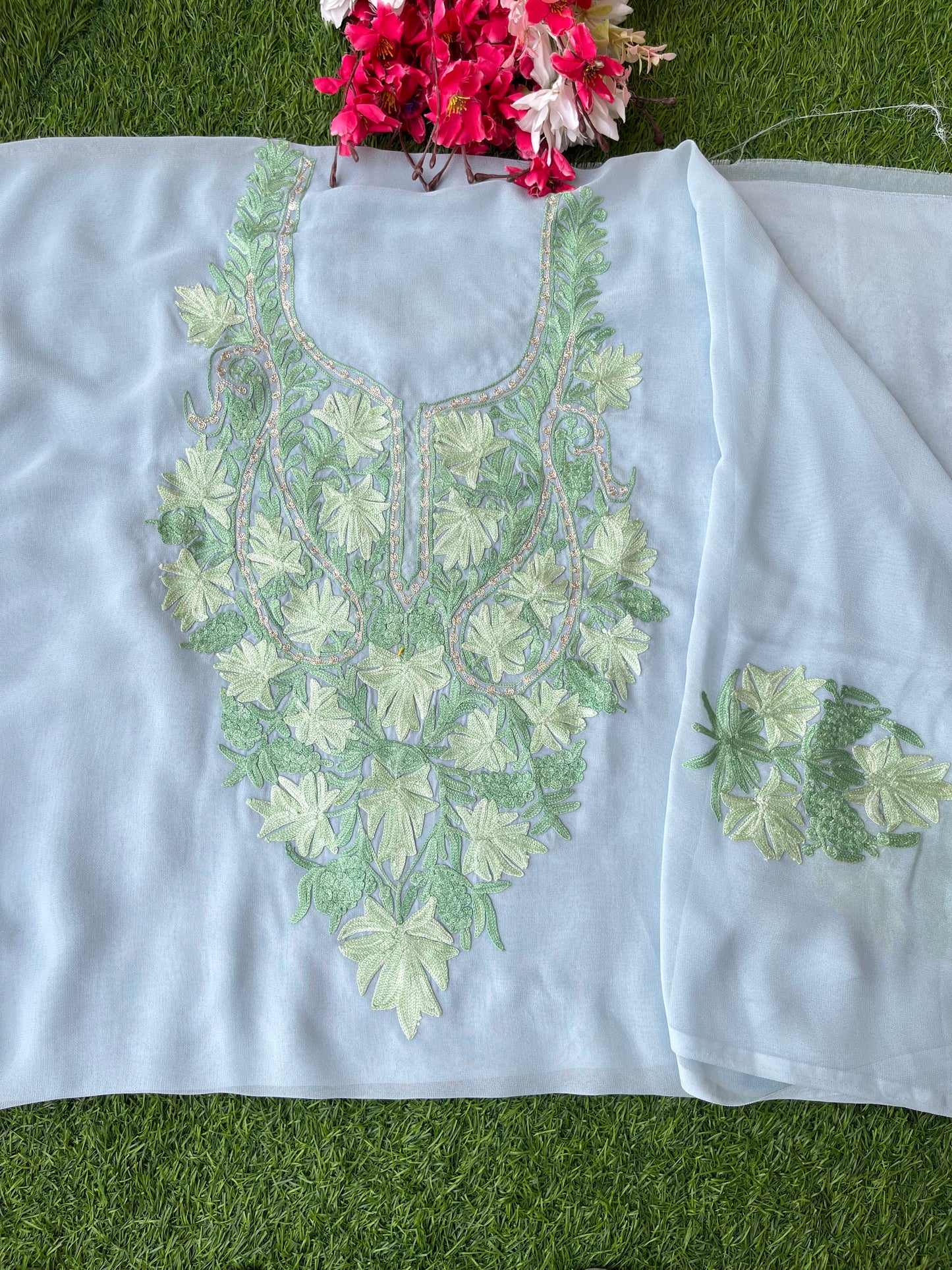 Ice Blue Georgette Kashmiri Kurta Material