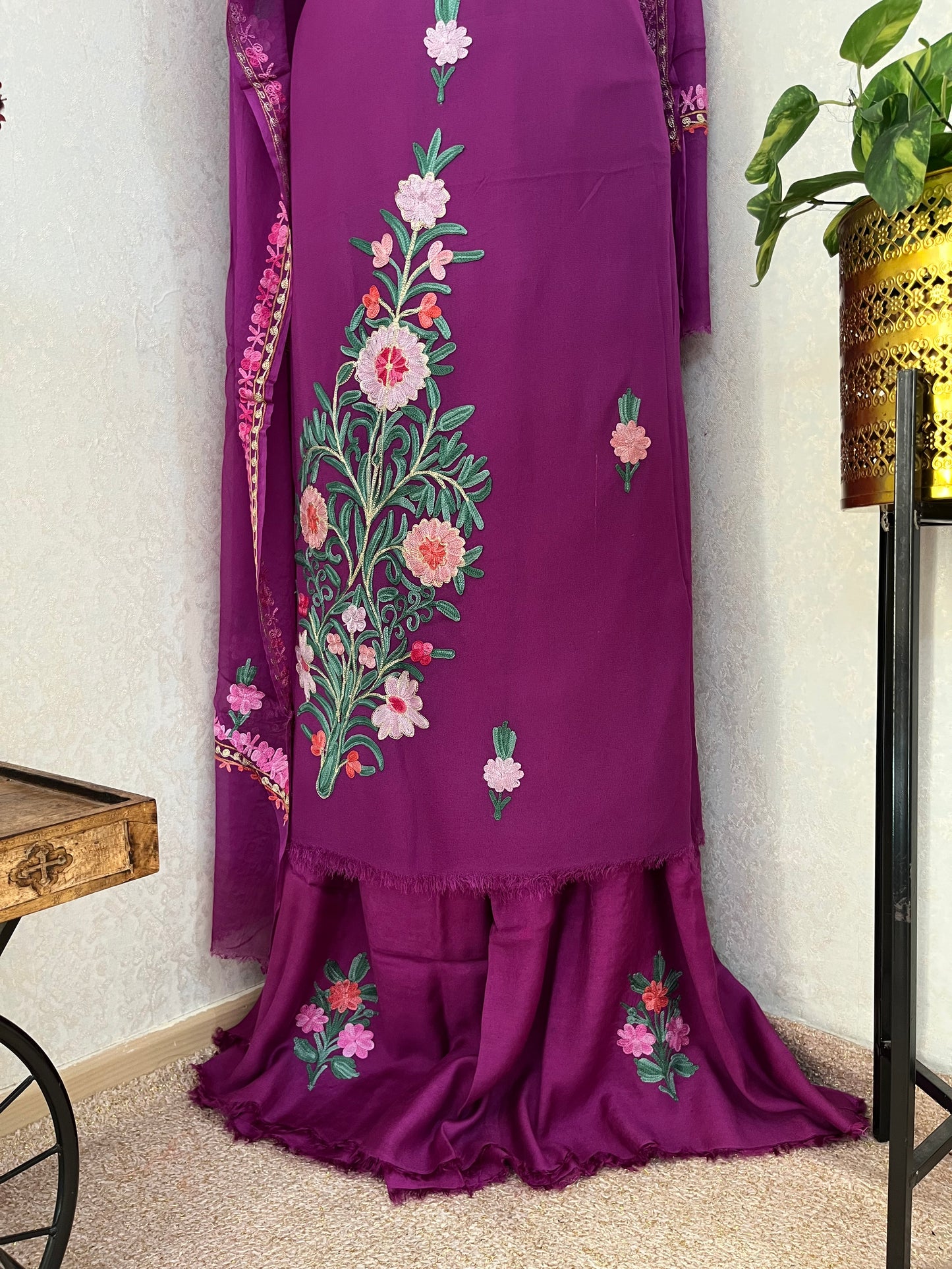 Wine Pure Georgette Aari Embroidered Suit