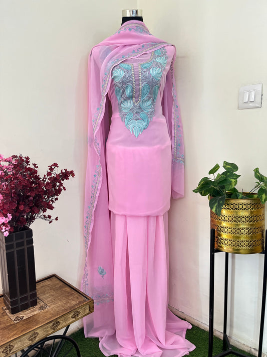 Soft Pink Georgette 3 Pc Aari Embroidered Suit Set
