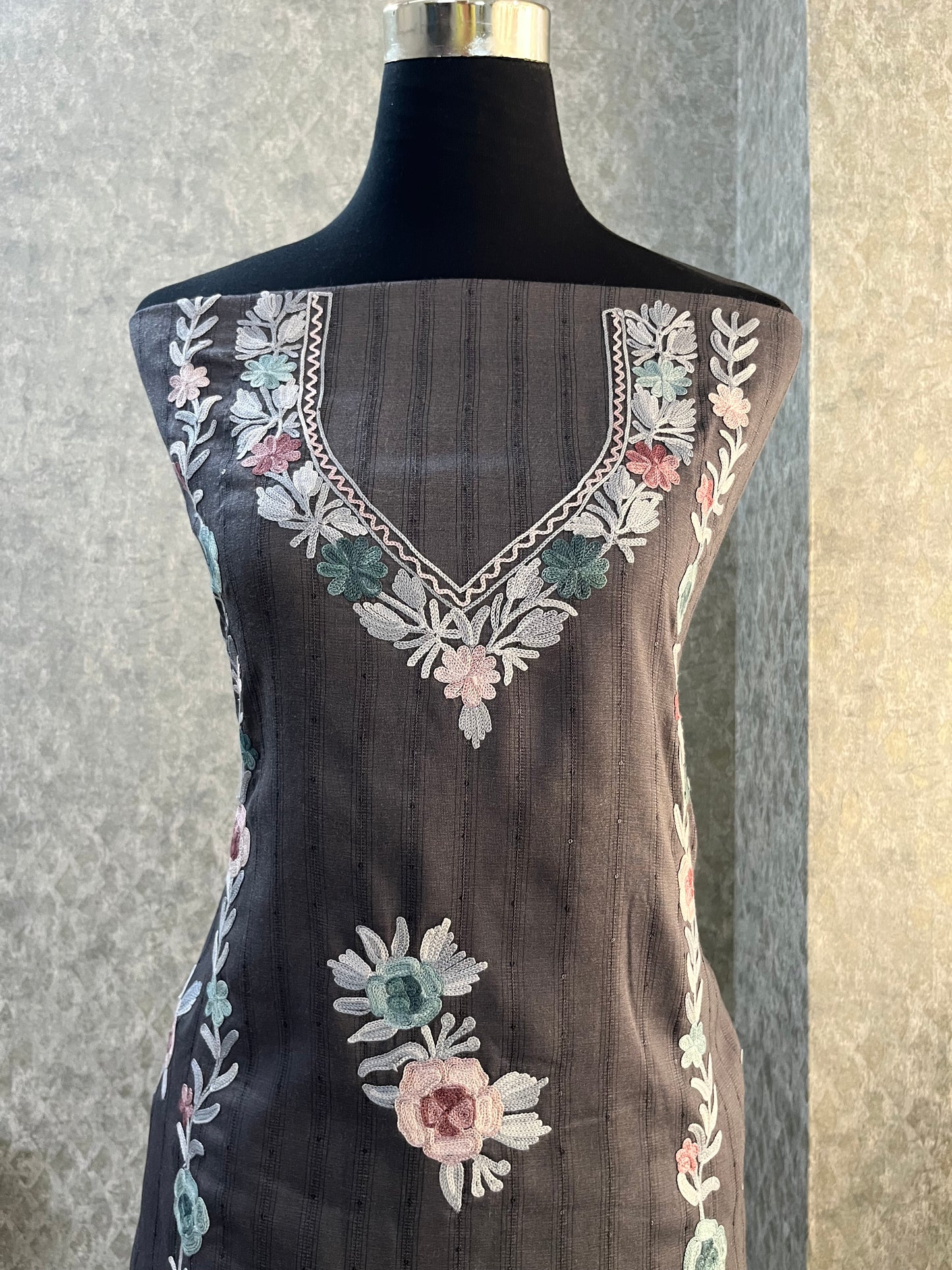 Deep Grey Muslin Cotton Striped Sequin Pattern Unstitched Co-ord Set