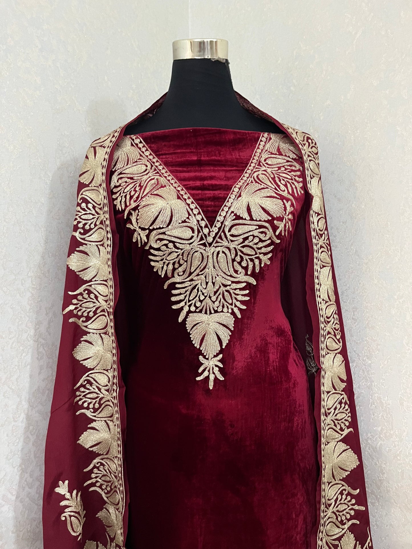 Maroon Tilla Makhmal 3pc Suit