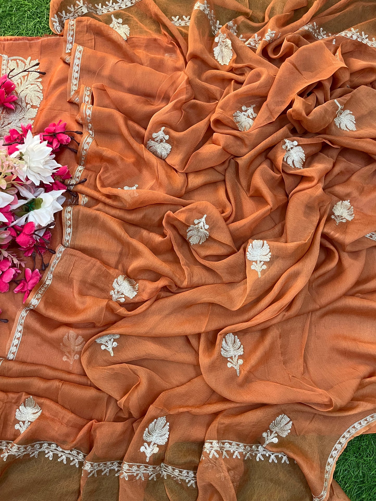 Dull Orange Silk Tilla Kashmiri Suit