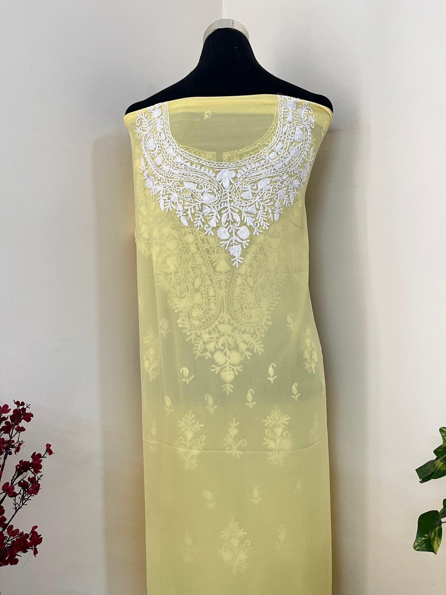 Lemon Yellow Georgette Kashmiri Unstitched Kurta Material