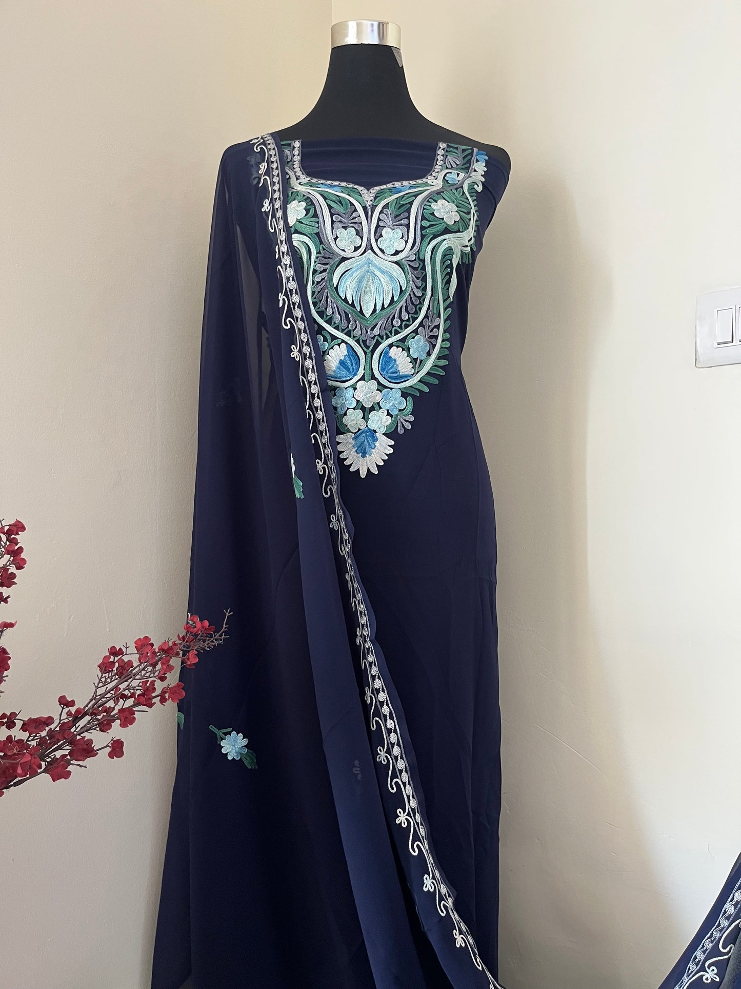 Royal Blue Georgette Shirt and Dupatta Aari Embroidered Suit