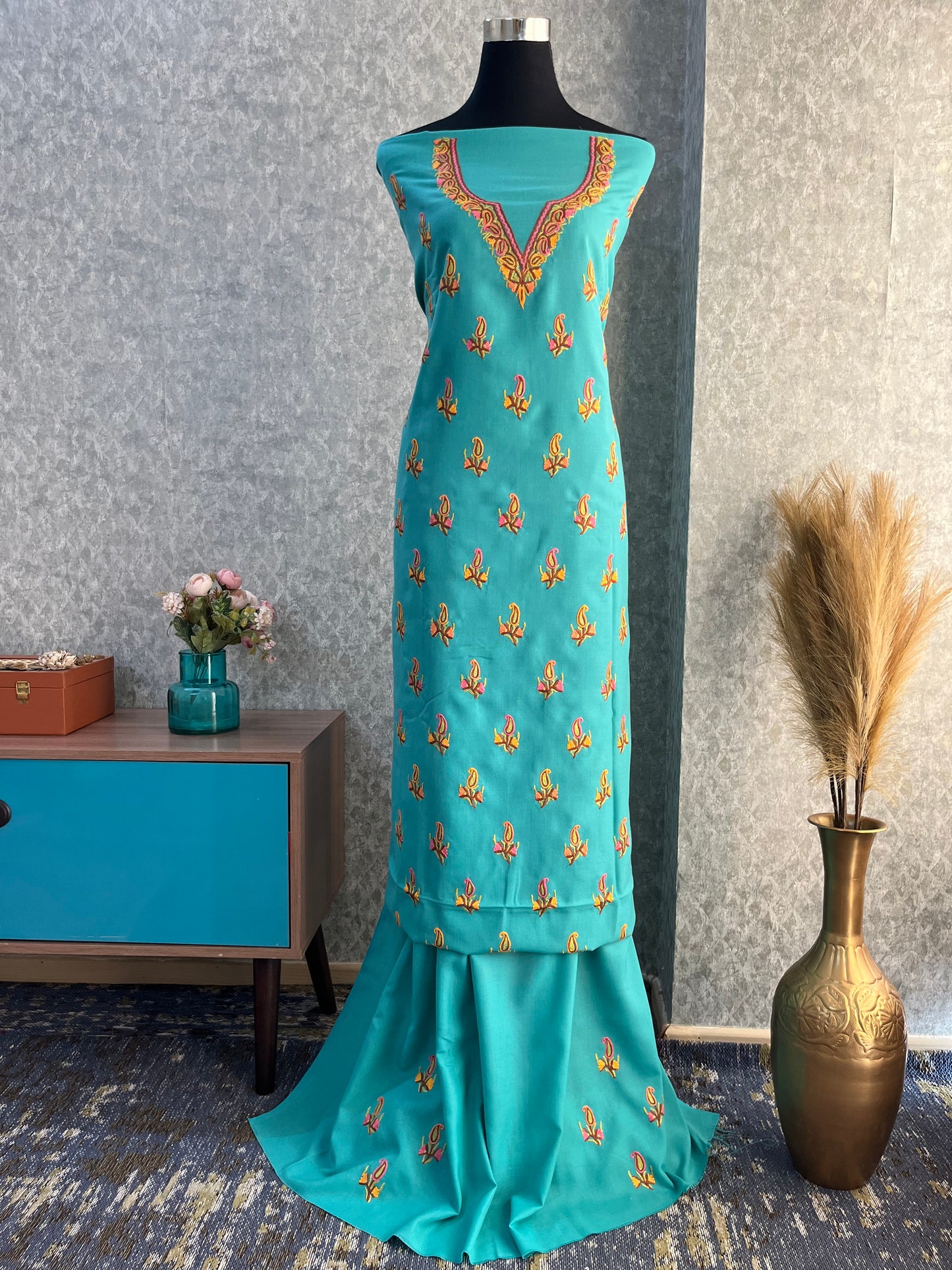 Cotton Green Two Piece Set (Hand Embroidered)