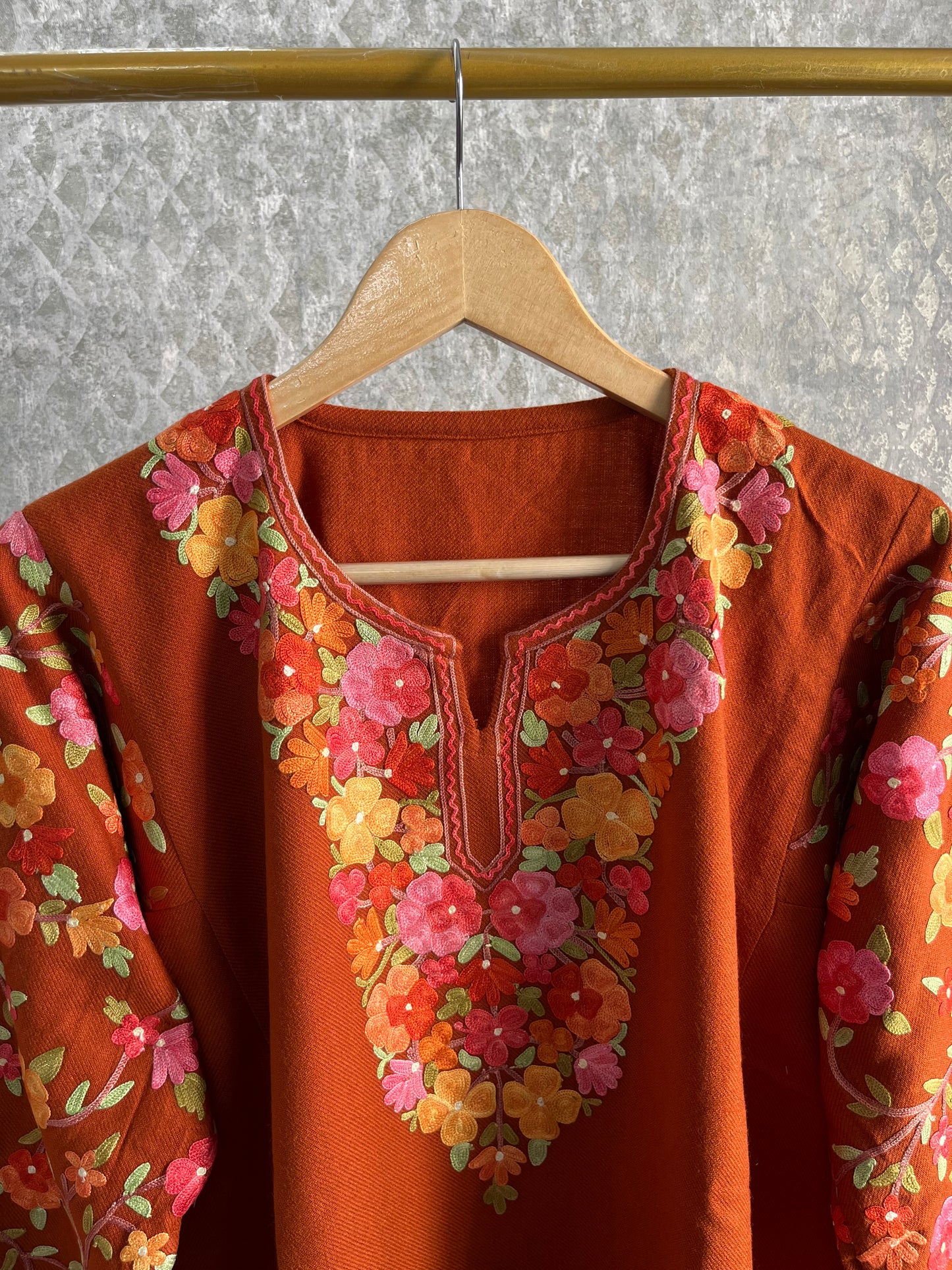 Orange Aari Embroidered Wool Pheran