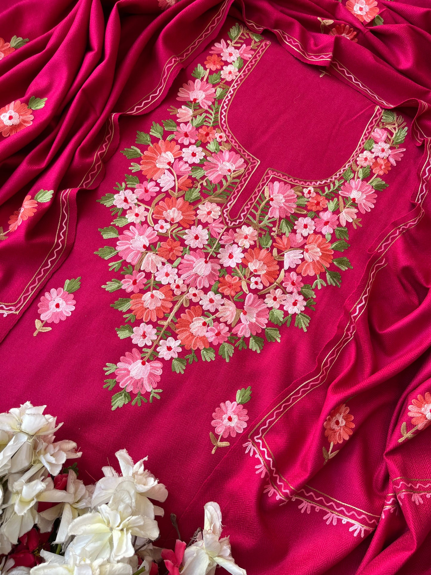Hot  pink Woollen Aari Embroidered 3pc suit