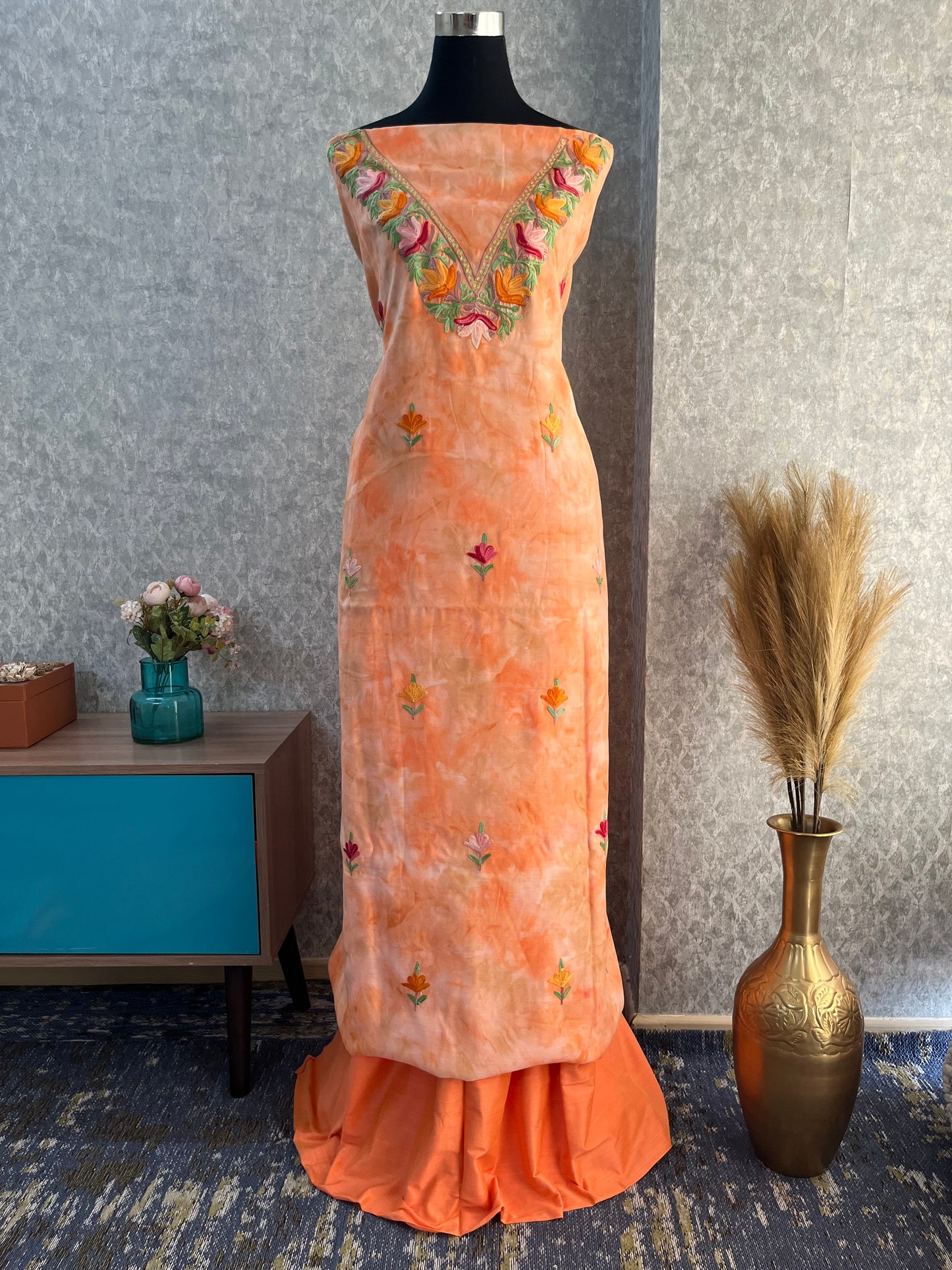 Tangerine Orange Self Work Satin Cotton Unstitched Co-ord Set
