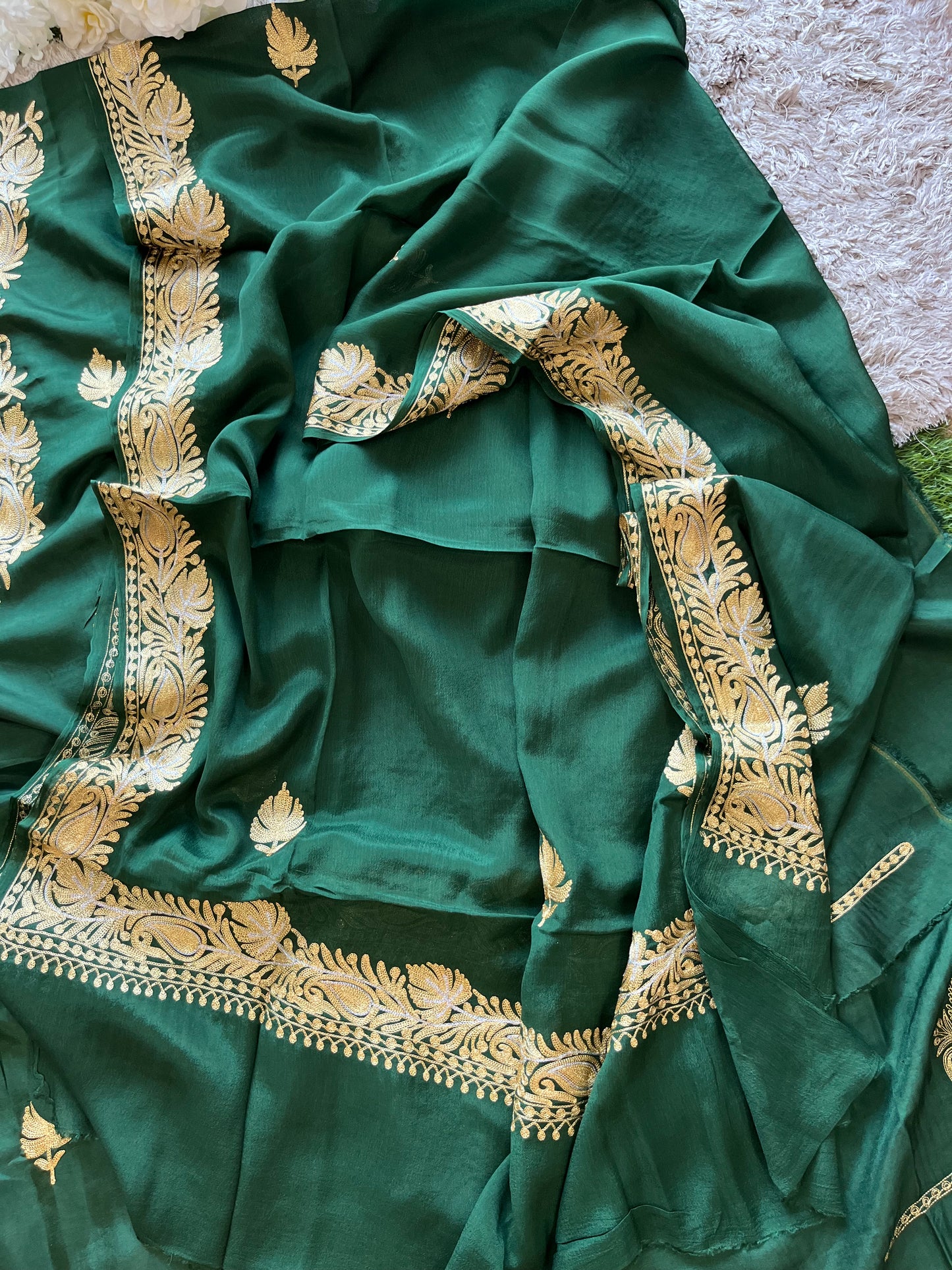 ‘Kalaa’ Forest Green Opada Silk Tilla Embroidered Suit material (on order)