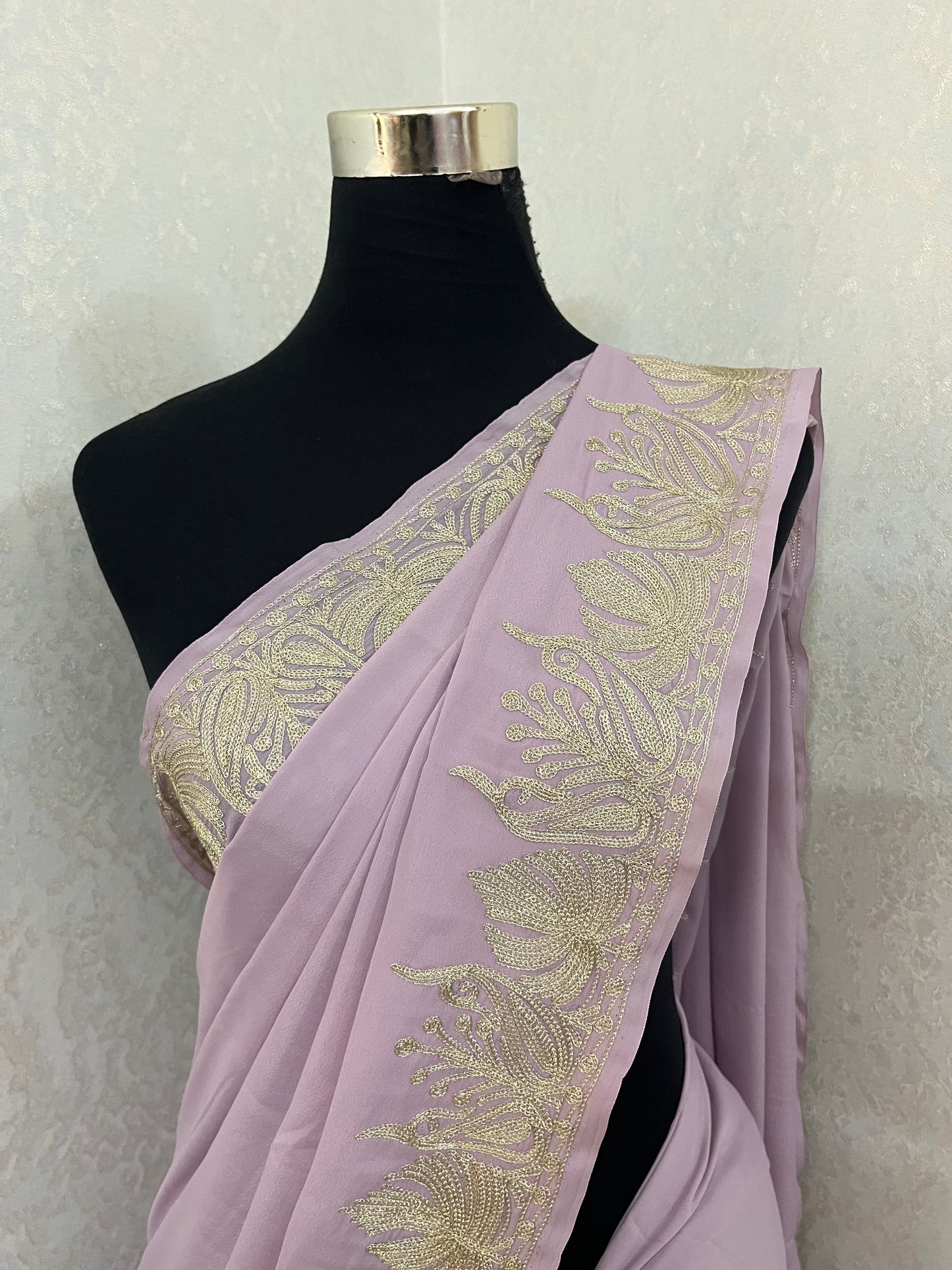 Soft Purple Crape Kashmiri Tilla Saree