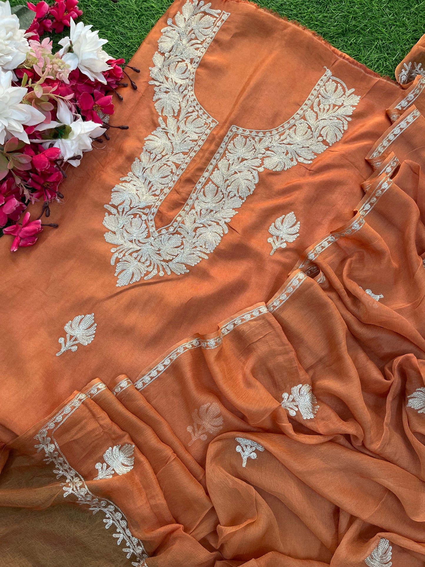 Dull Orange Silk Tilla Kashmiri Suit
