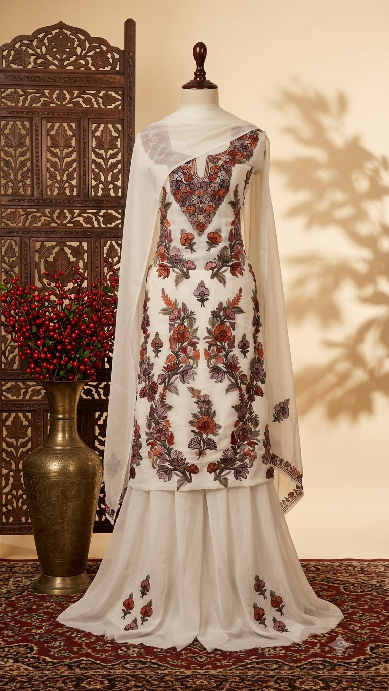 Off White Georgette 3 Pc Kashmiri Suit