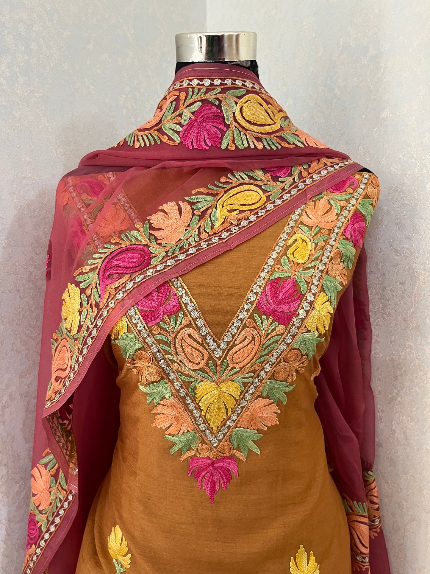 Soft Brown Chanderi Silk Kashmiri Suit