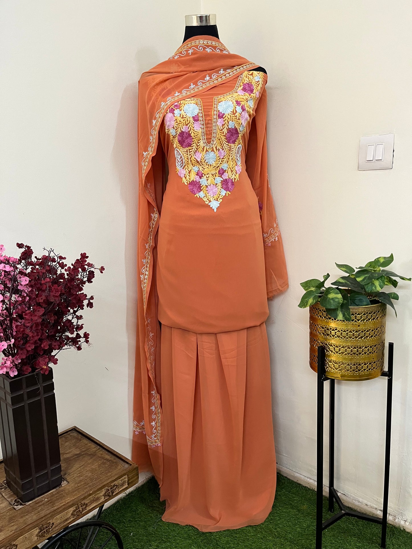 Soft Orange Georgette 3 Pc Aari Embroidered Suit Set