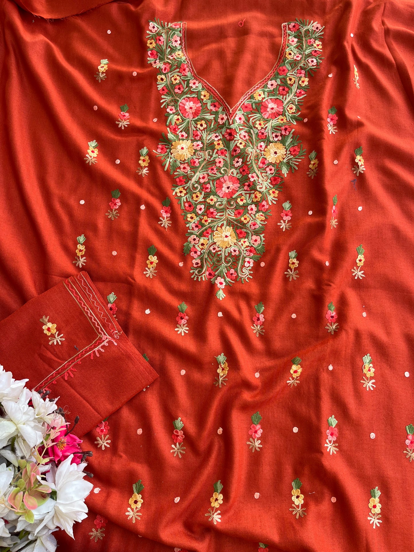 Rust Orange Woollen Aari Embroidered 3pc suit