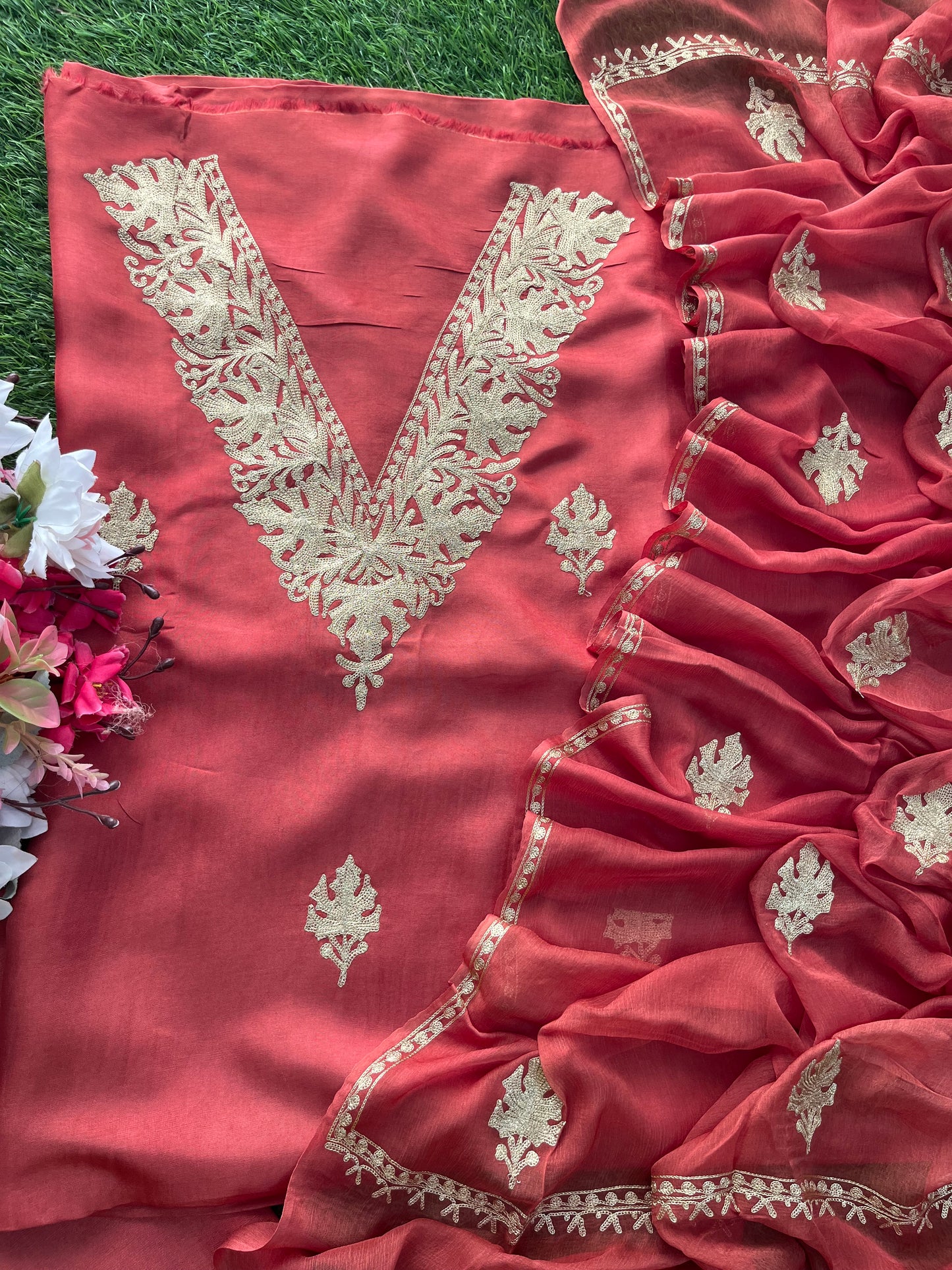 Blush Red Silk Tilla Kashmiri Suit
