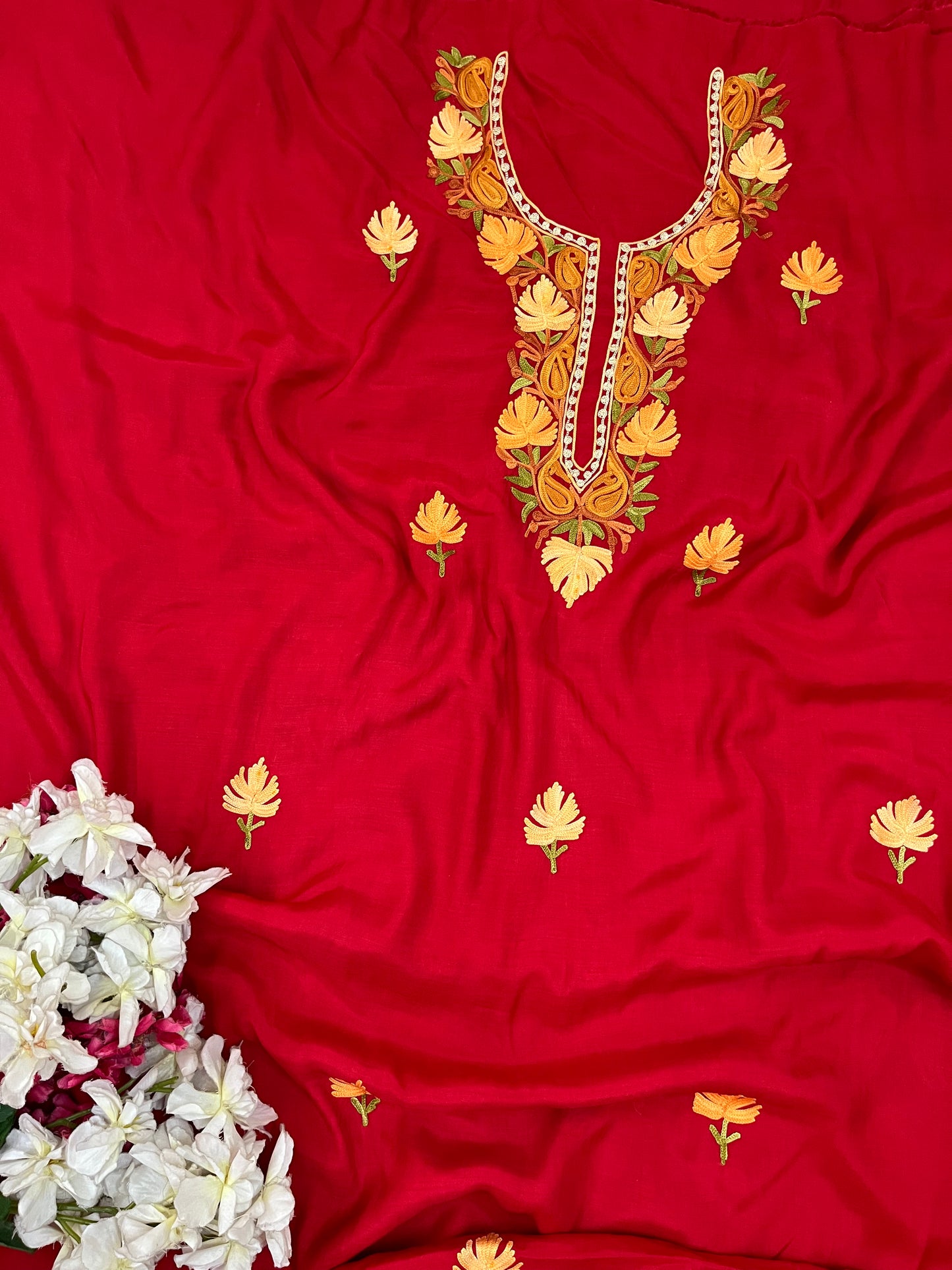 Red Muslin Cotton Jaal Sleeves Kashmiri 3pc Suit