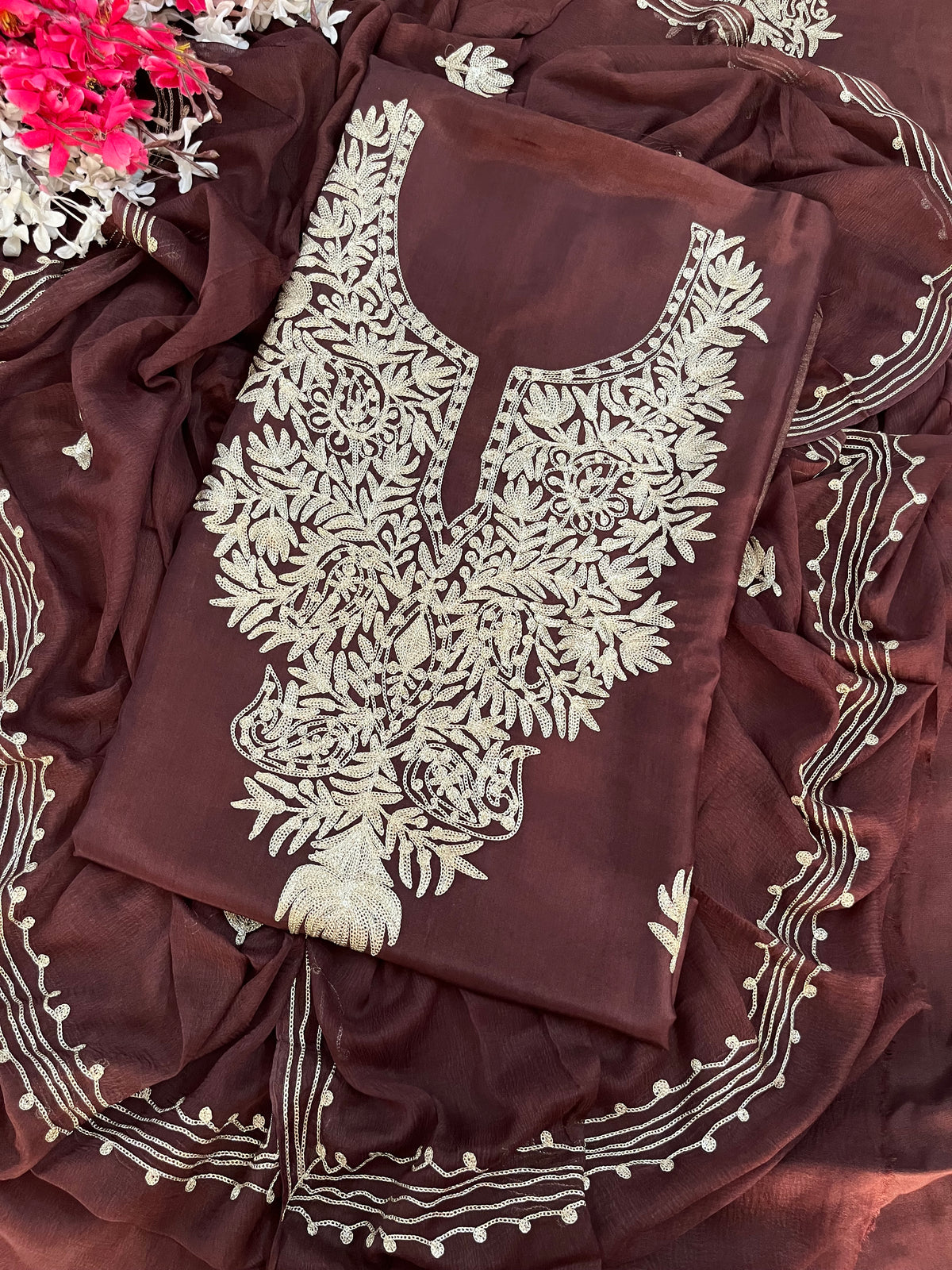 Brown Silk Tilla Kashmiri Suit
