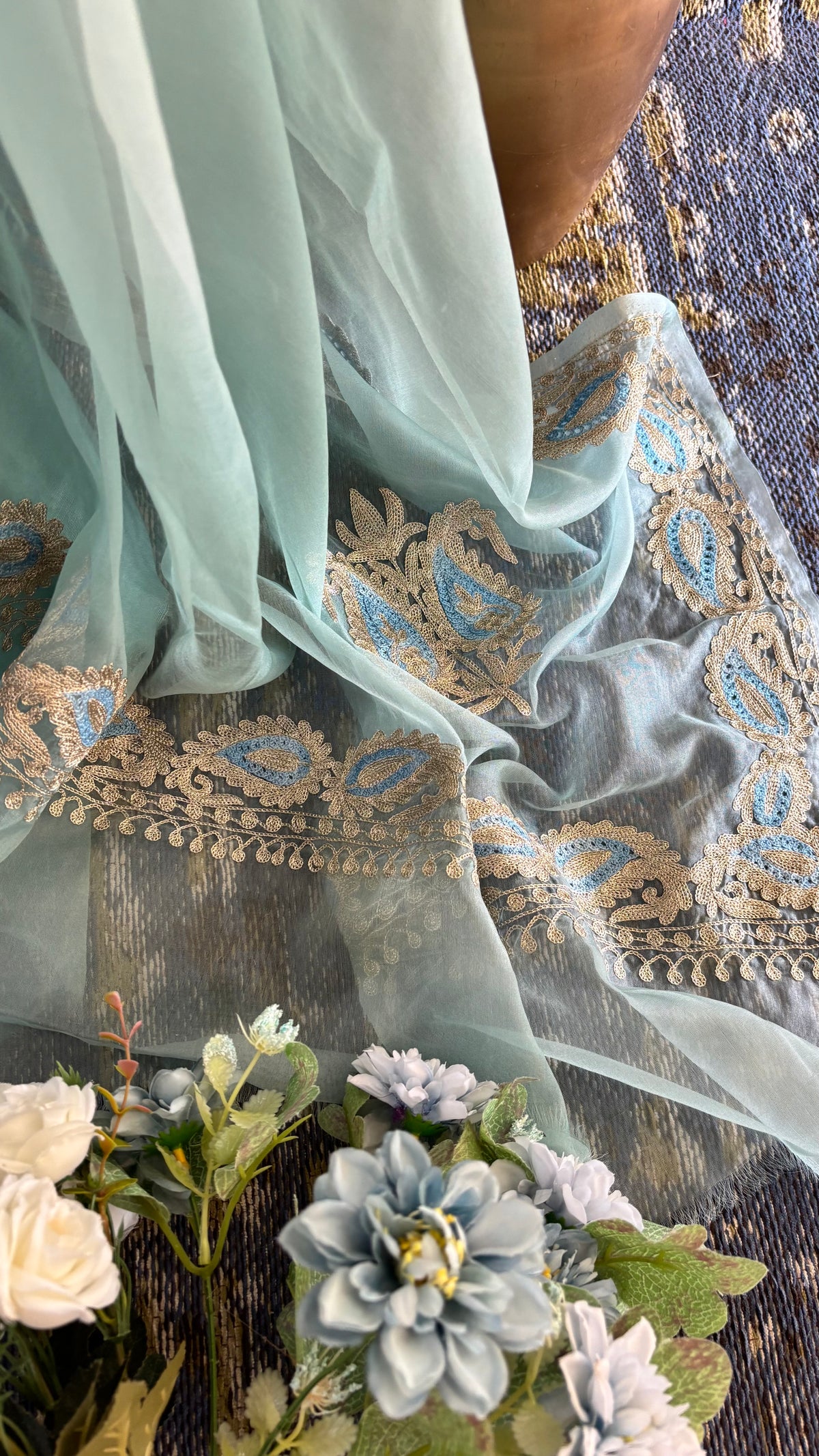 Baby Blue Russian Silk Kashmiri Suit