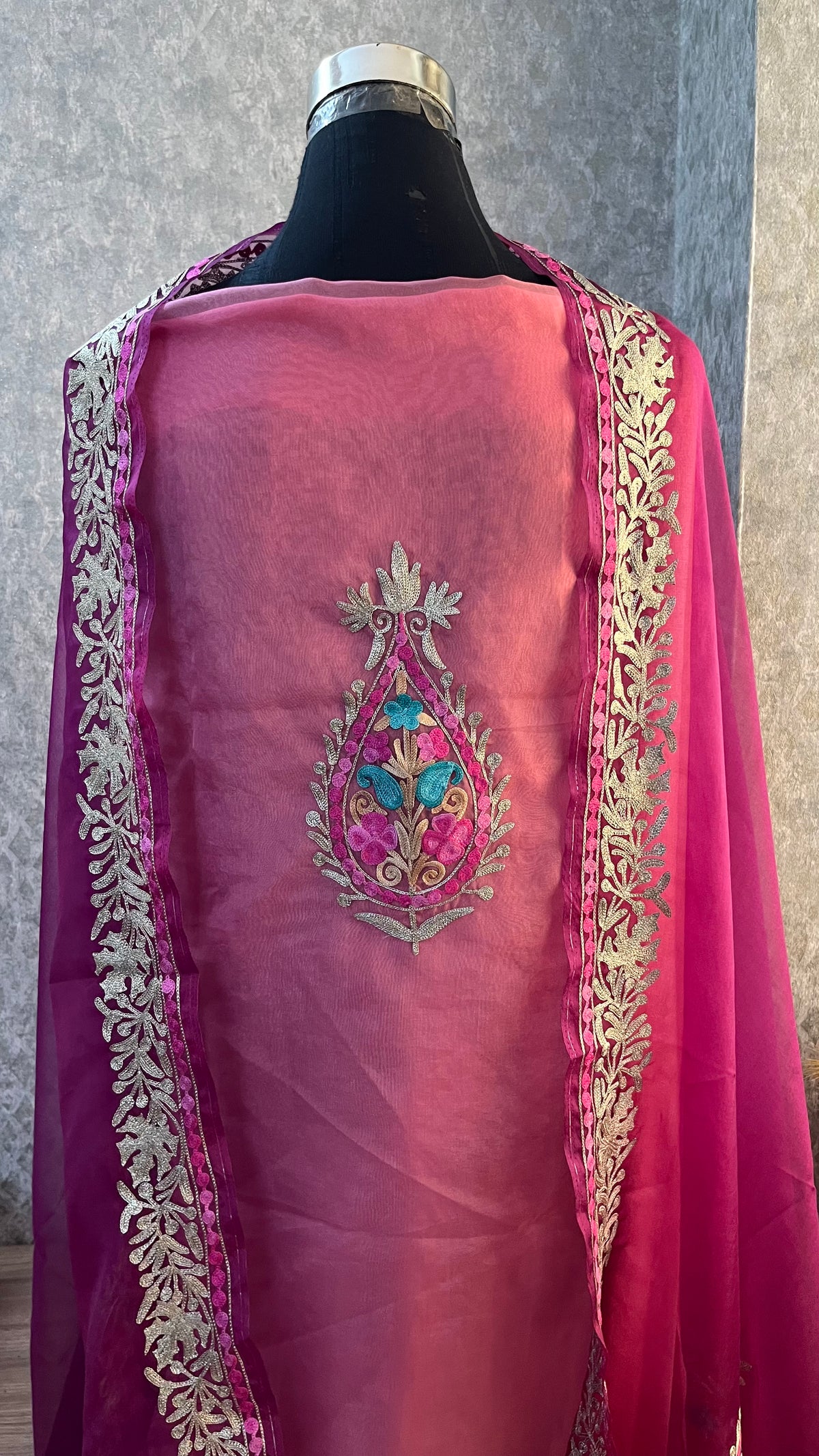 Pink Soft Tissue Kashmiri Suit