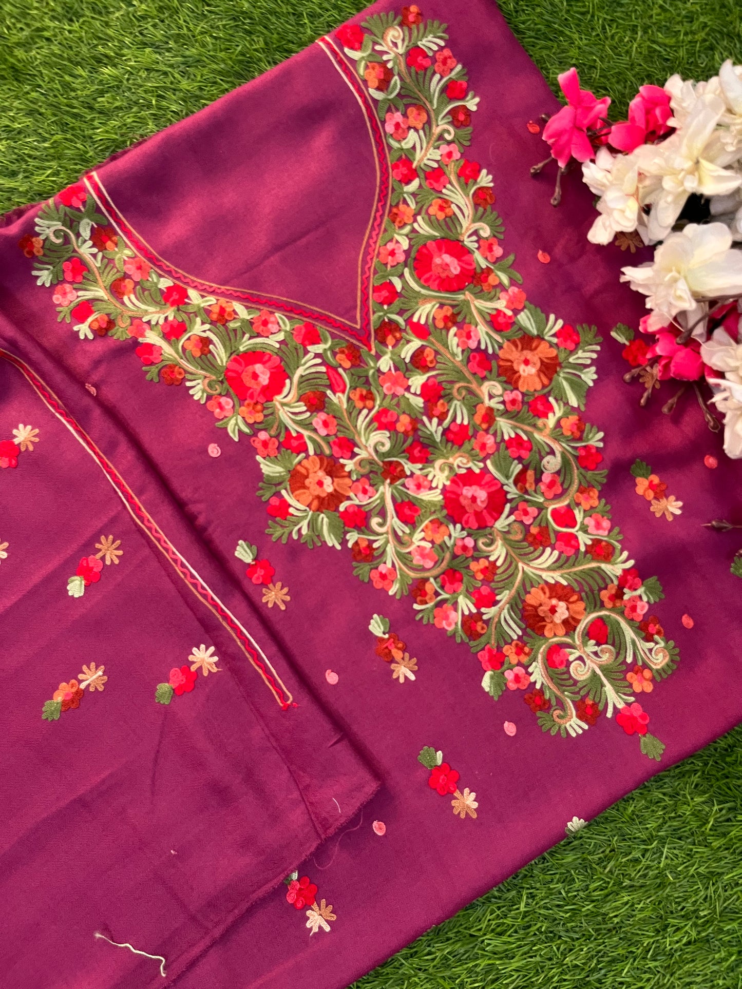 Wine Woollen Aari Embroidered 3pc suit