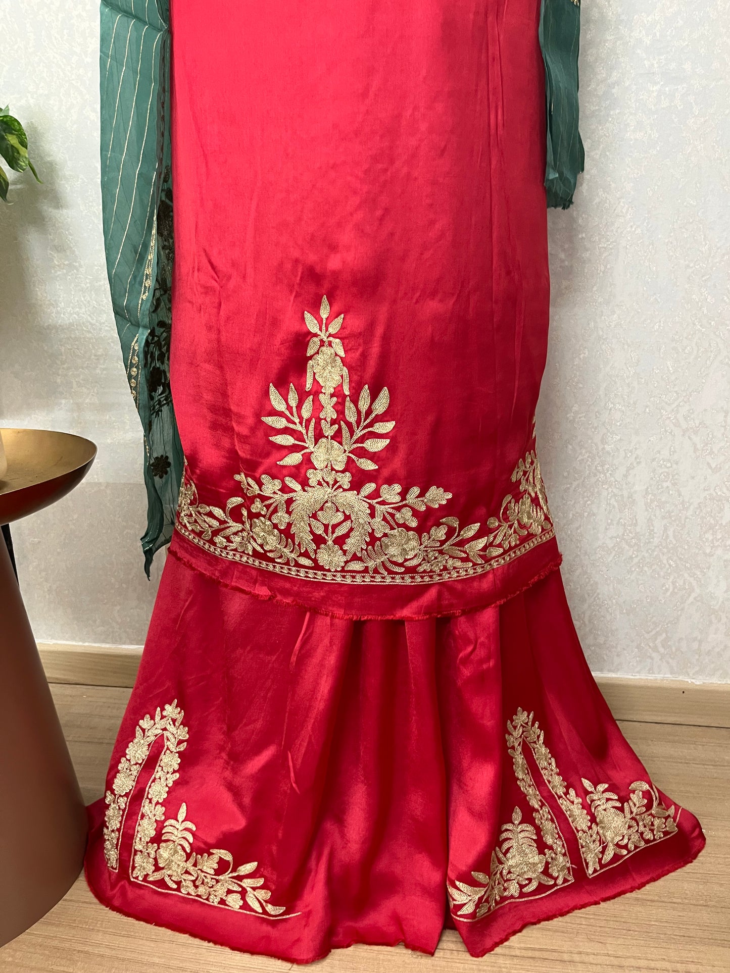 Red Satin Cotton Kashmiri Suit