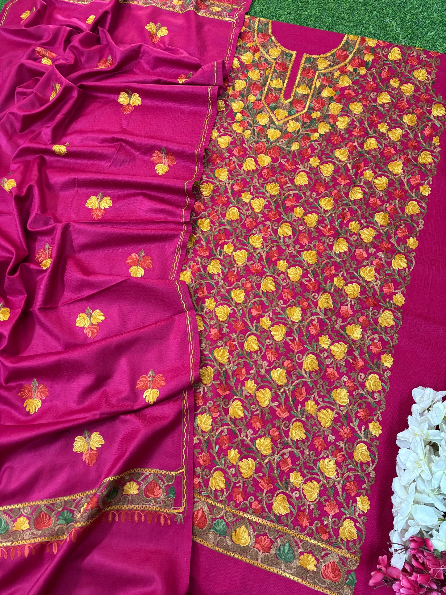 Hot Pink Chinar Woollen Aari Embroidered 3pc Suit Stole