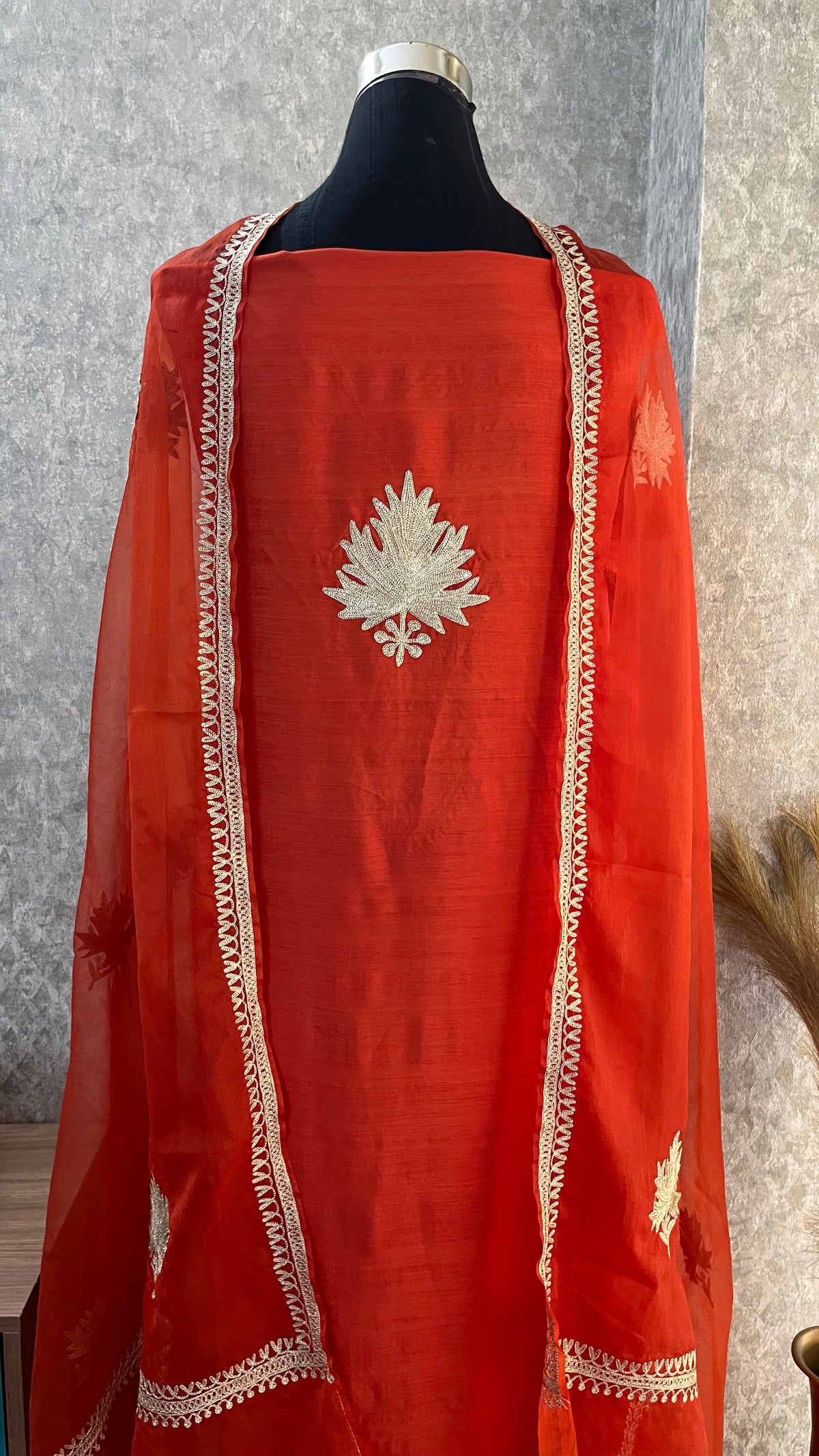 Orange Silk Tilla Embroidered Suit
