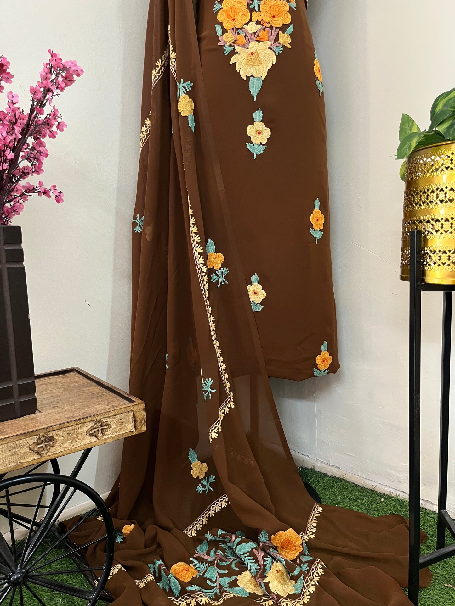 Coffee Georgette  3 Pc Aari Embroidered Suit