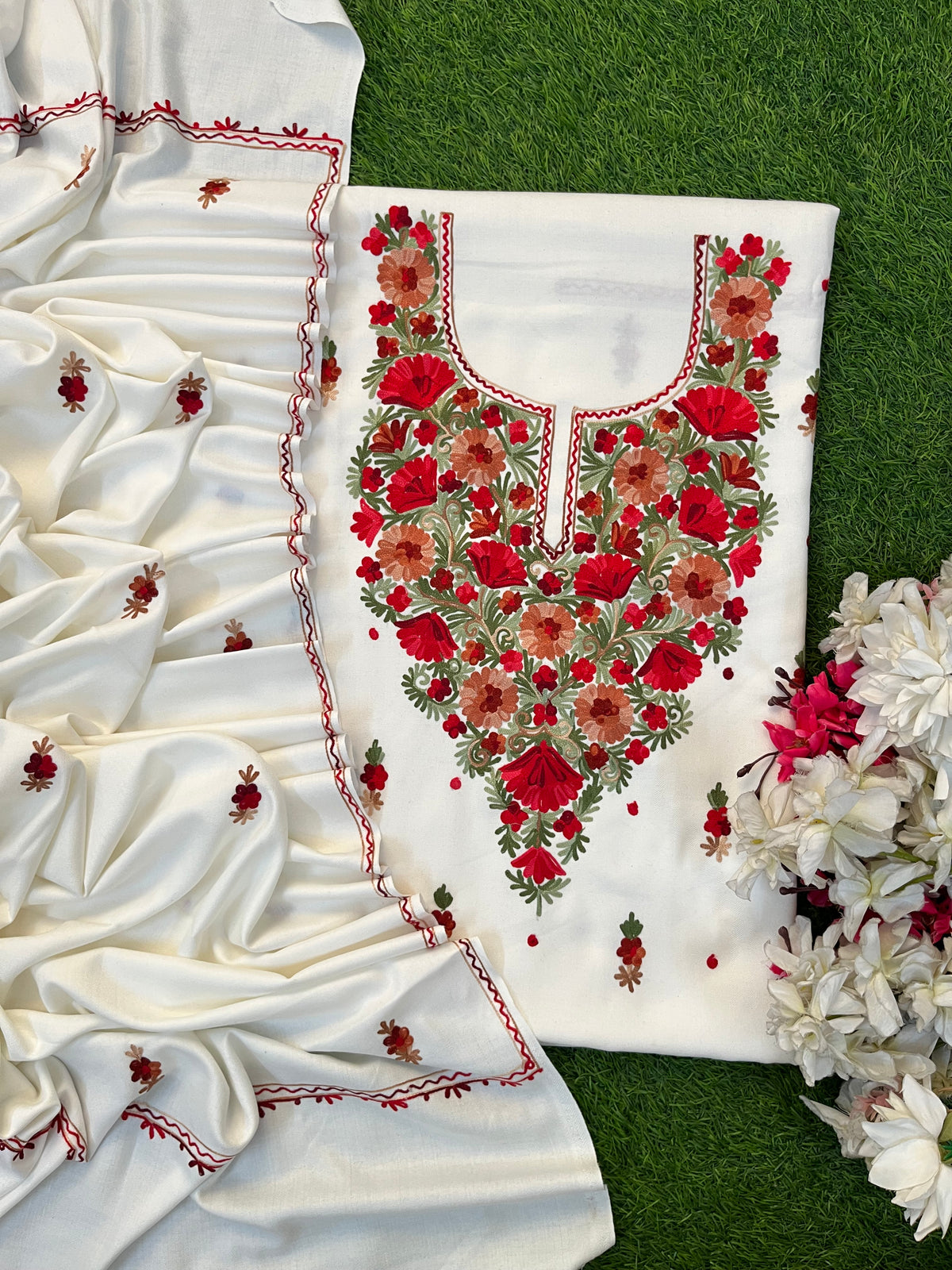 Off White Woollen Aari Embroidered 3pc suit
