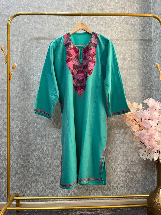 Sea Green Aari Embroidered Wool Pheran