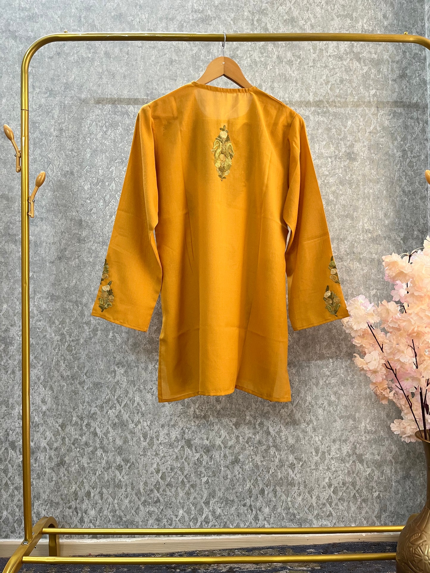 Golden Yellow Cotton Aari Work Kurti
