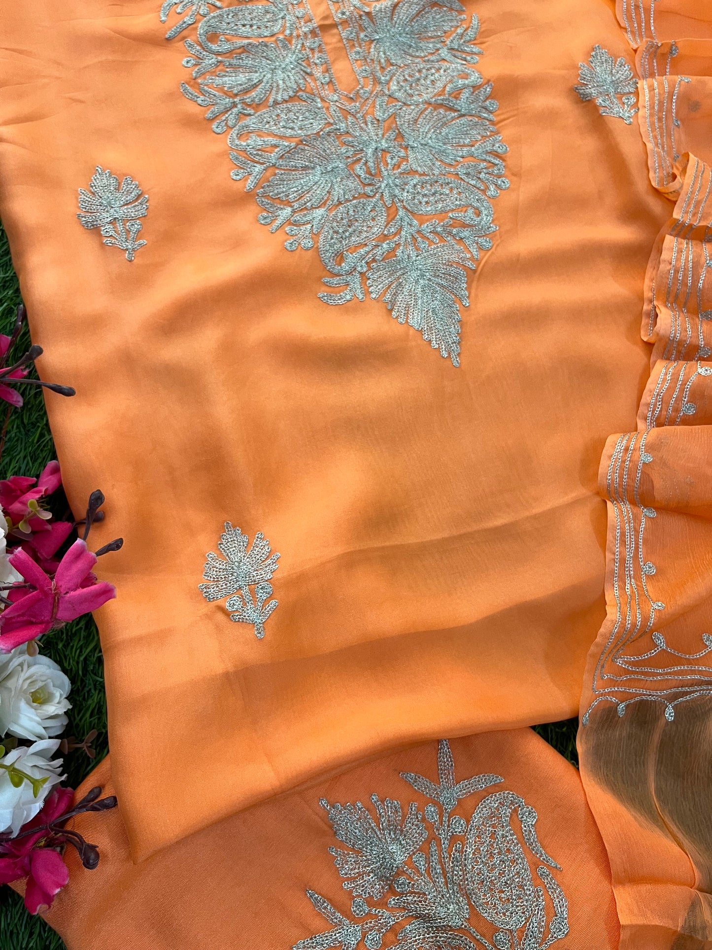 Orange Silk Tilla Kashmiri Suit