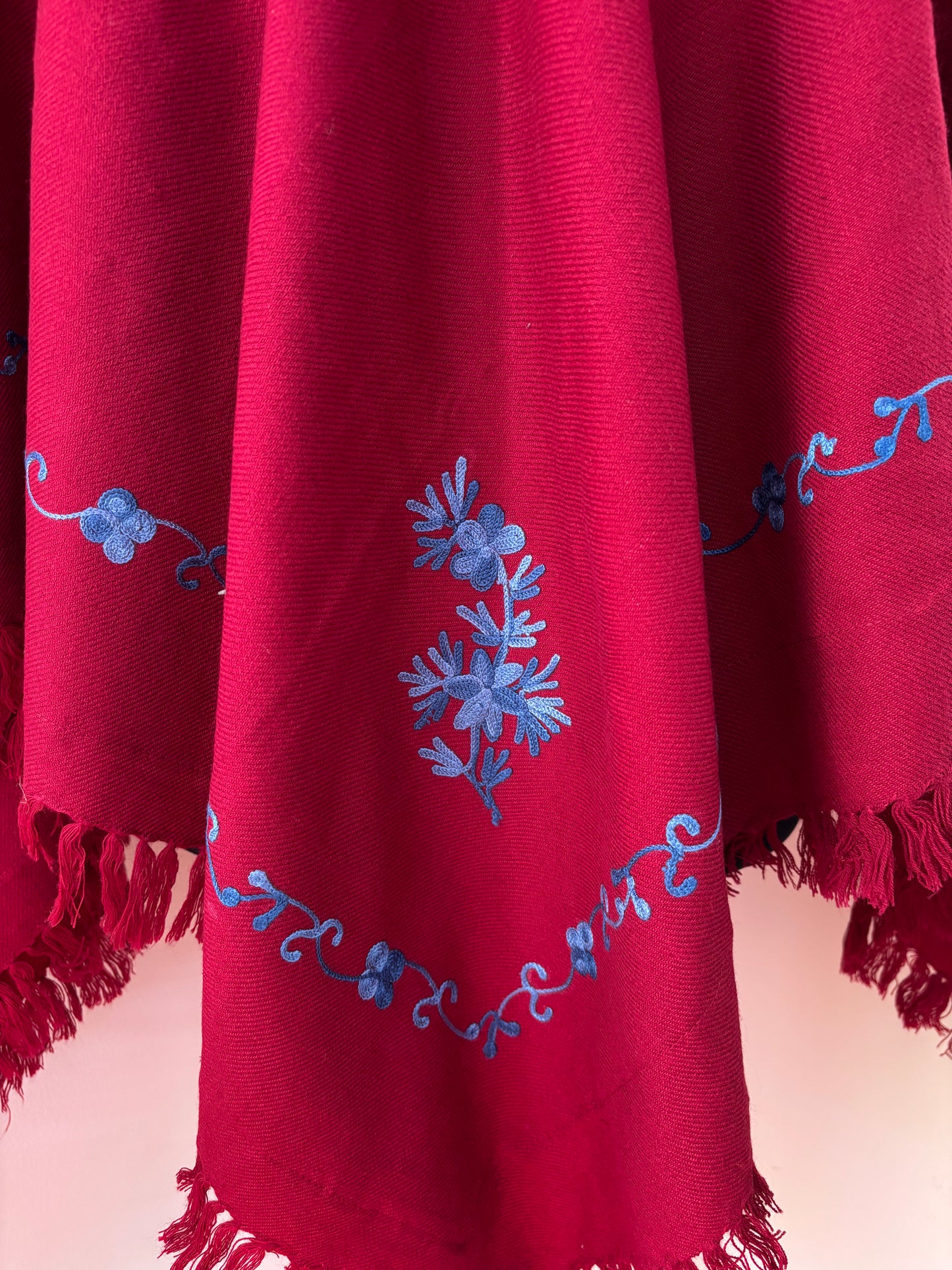 Maroon Aari Embroidered Wool Poncho