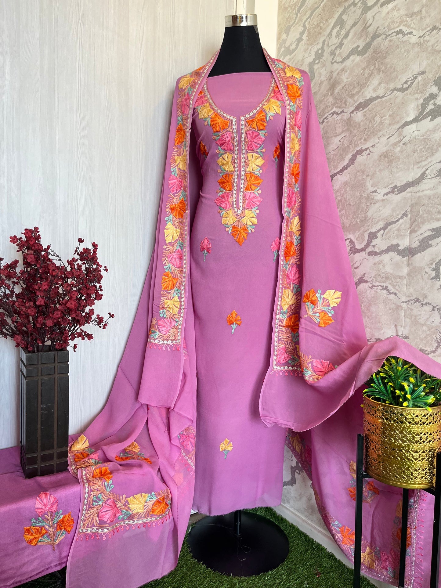 Lilac Pure Georgette Aari Embroidered Suit
