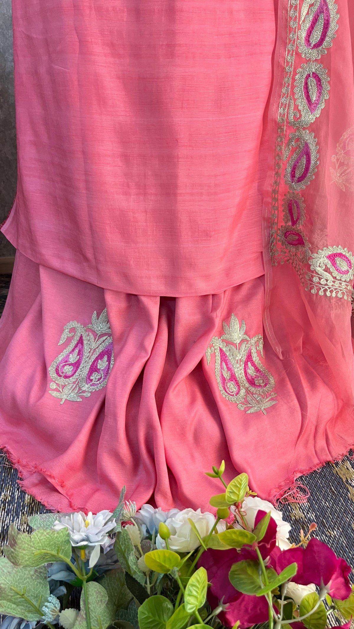 Bubbly Pink Russian Silk Kashmiri Suit