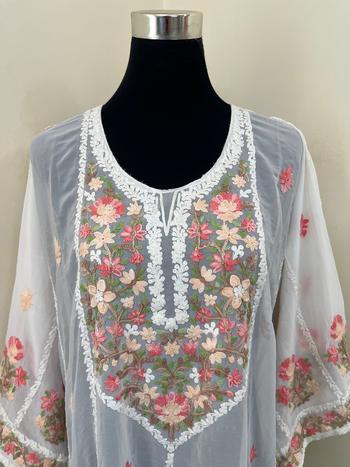 Off White Georgette All over Work Aari Embroidered Unstitched Kurta