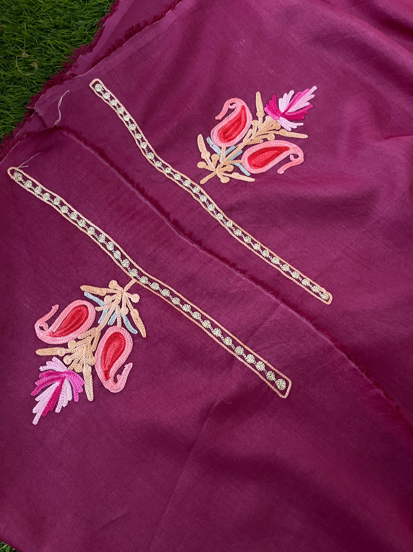 Wine Muslin Cotton Aari Embroidered 3pc set