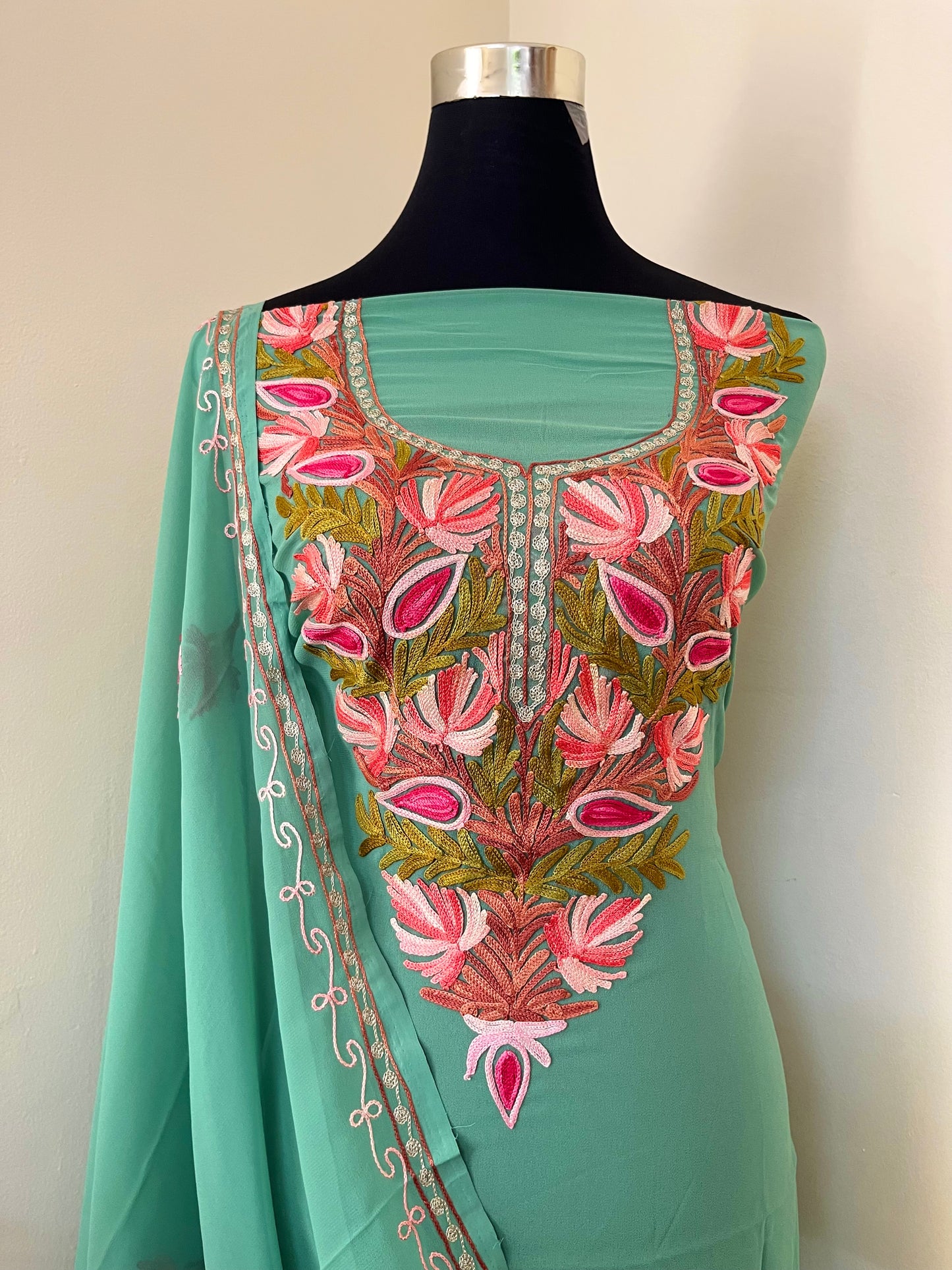 Green Georgette Shirt and Dupatta Aari Embroidered Suit